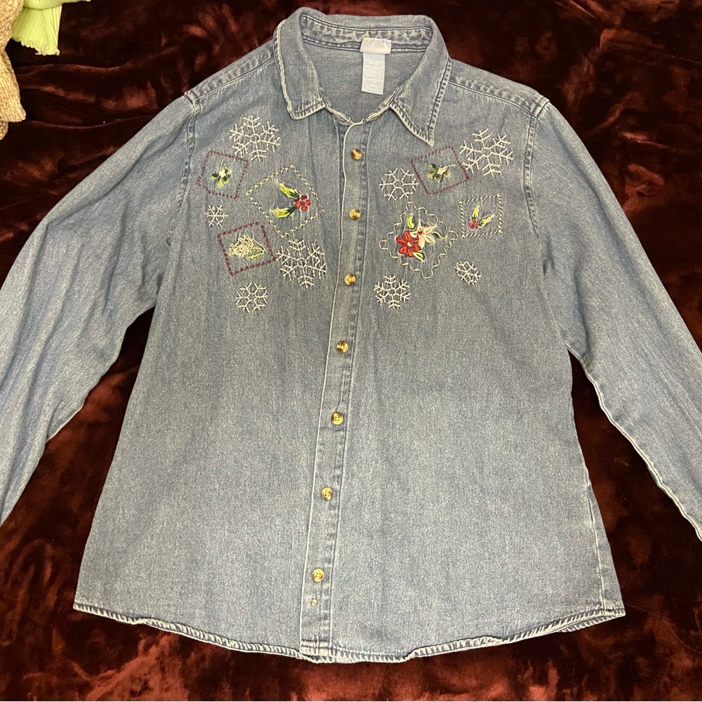Vintage Embroidered Christmas Cotton Denim Jacket